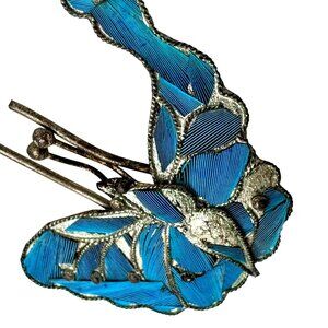 Vtg Kingfisher Blue Feather Butterfly Pin Brooch Hair Comb Piece Decor Coral #12